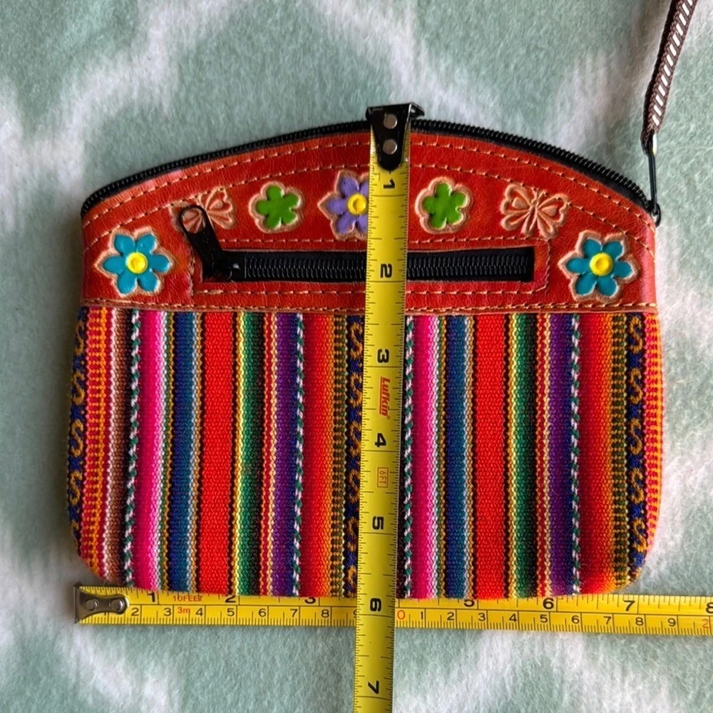 Handmade Colorful Peruvian folkart  leather and fabric pouch Clutch